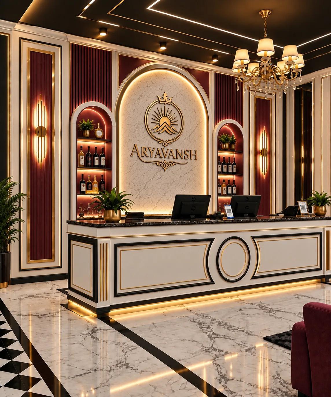 Reception desk with the golden Aryavansh logo