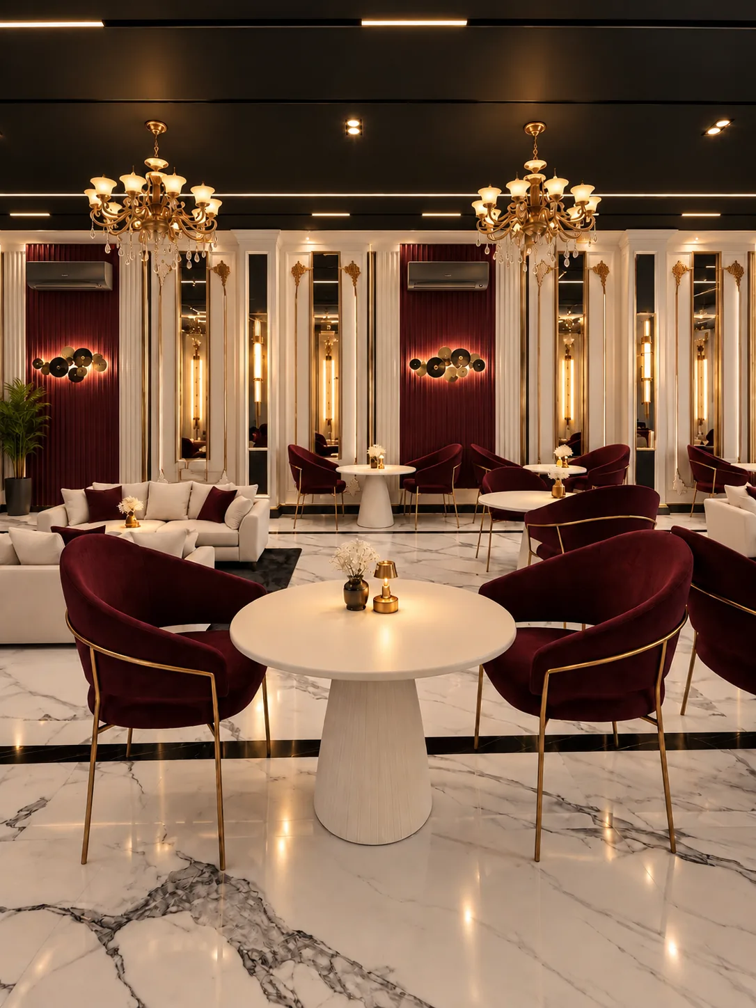 Dining hall with chandeliers